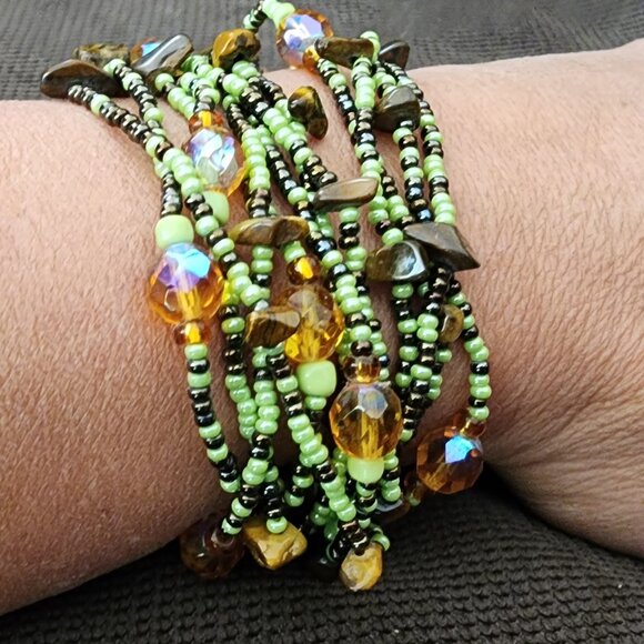 Claire's Green/Brown Multi-Strand Beaded Bohemian Style Bracelet - Picture 6 of 12